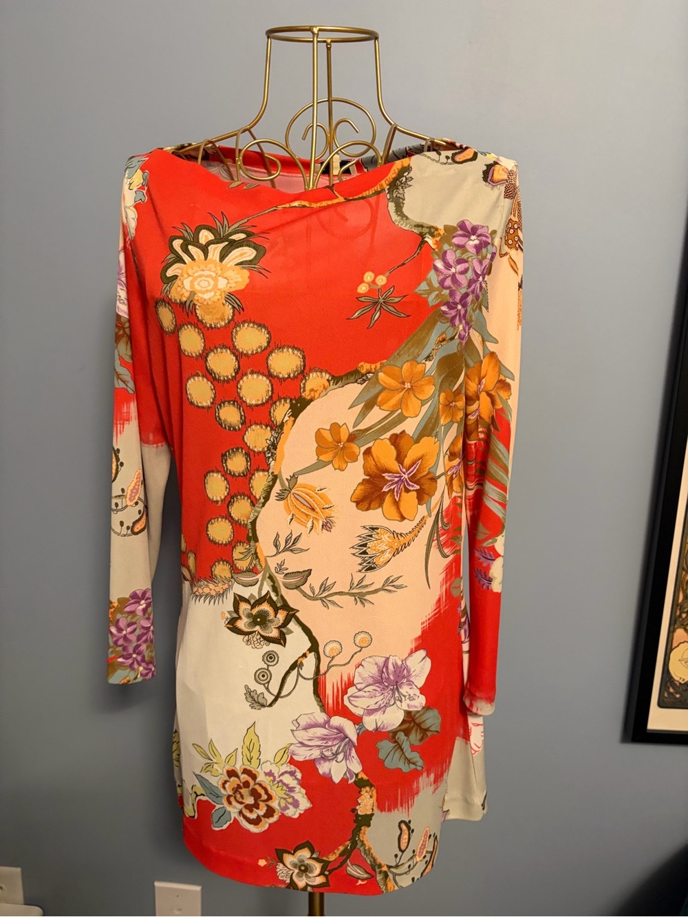 Etro rare Vibrant Red Floral Long-Sleeve Shift Dress
